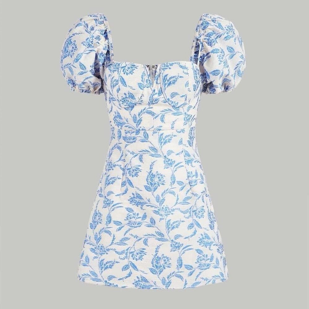 Blue White Floral Milkmaid Mini Dress Puff Sleeve Cottagecore Fits Small